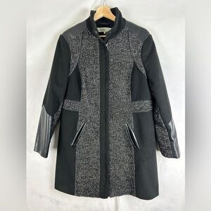 CLEO Petites Wool Blend Tweed Coat Women's Medium Black Grey Leather Panels